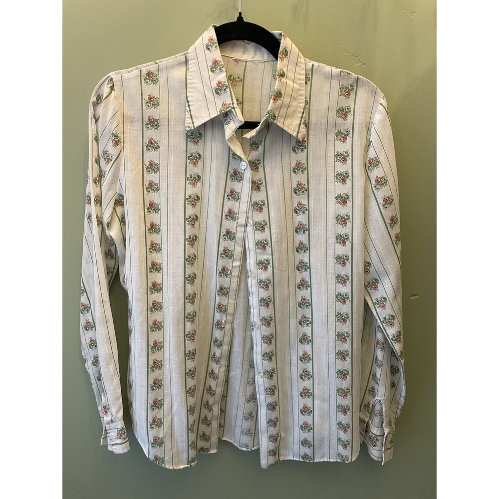 Vintage 70s Stripe Floral Dagger Collar Long Sleeve Blouse White Orange Green M